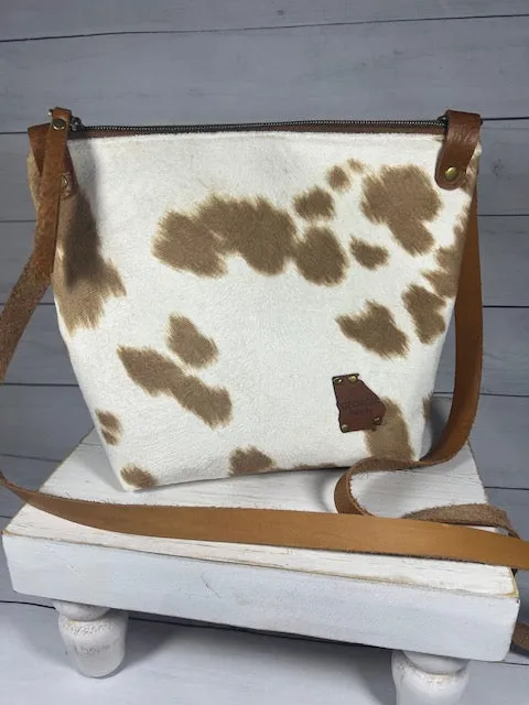 Faux Cowhide Cross Body Purse, Brown and White