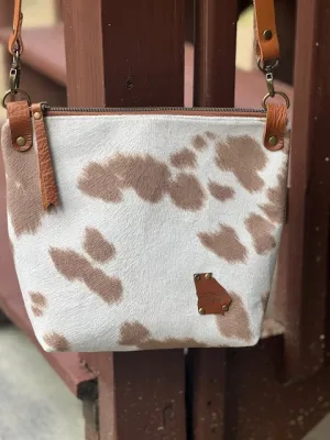 Faux Cowhide Cross Body Purse, Brown and White