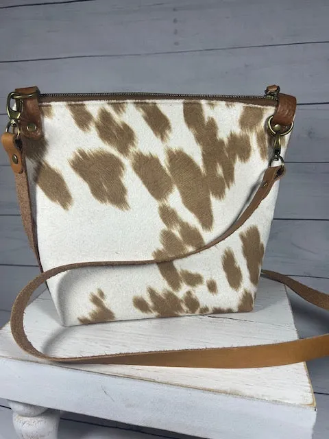 Faux Cowhide Cross Body Purse, Brown and White