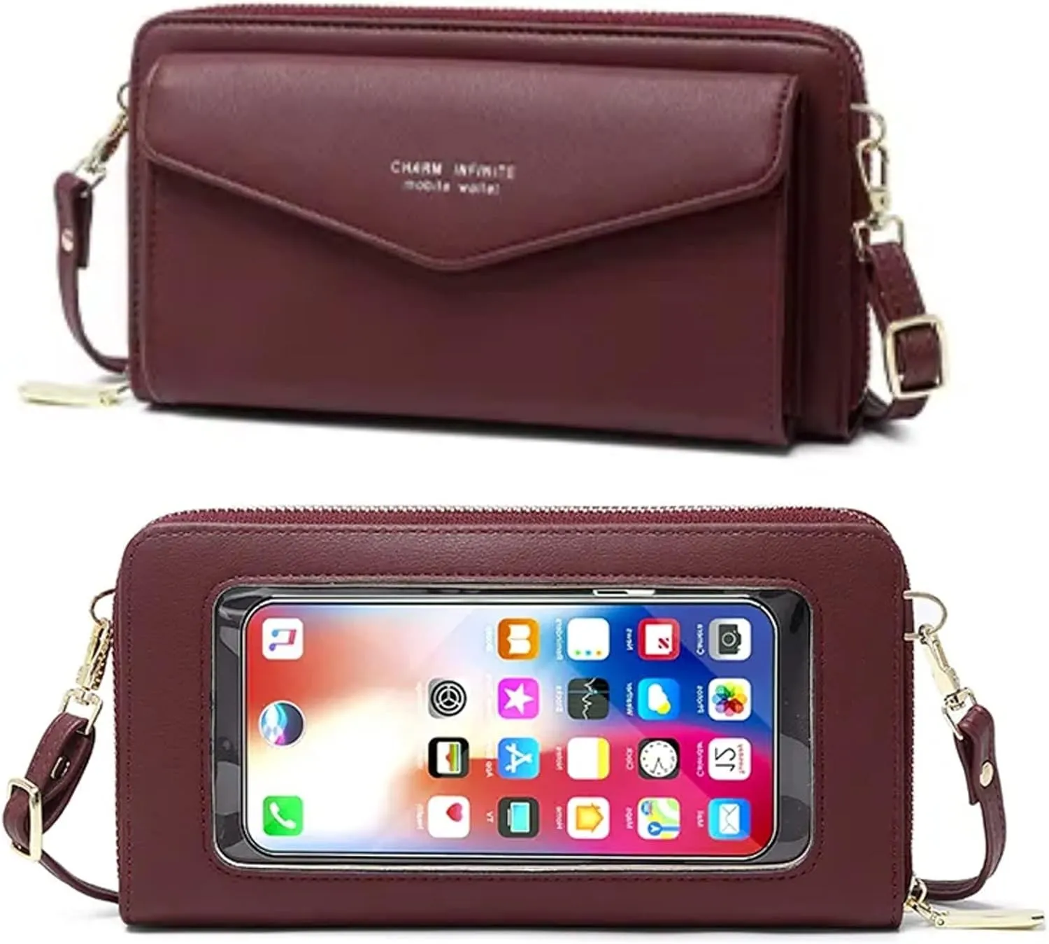 Faux Leather Crossbody Phone Bag for Women, RFID Blocking Touch Screen Wallet Shoulder Handbag with Clear Phone Window