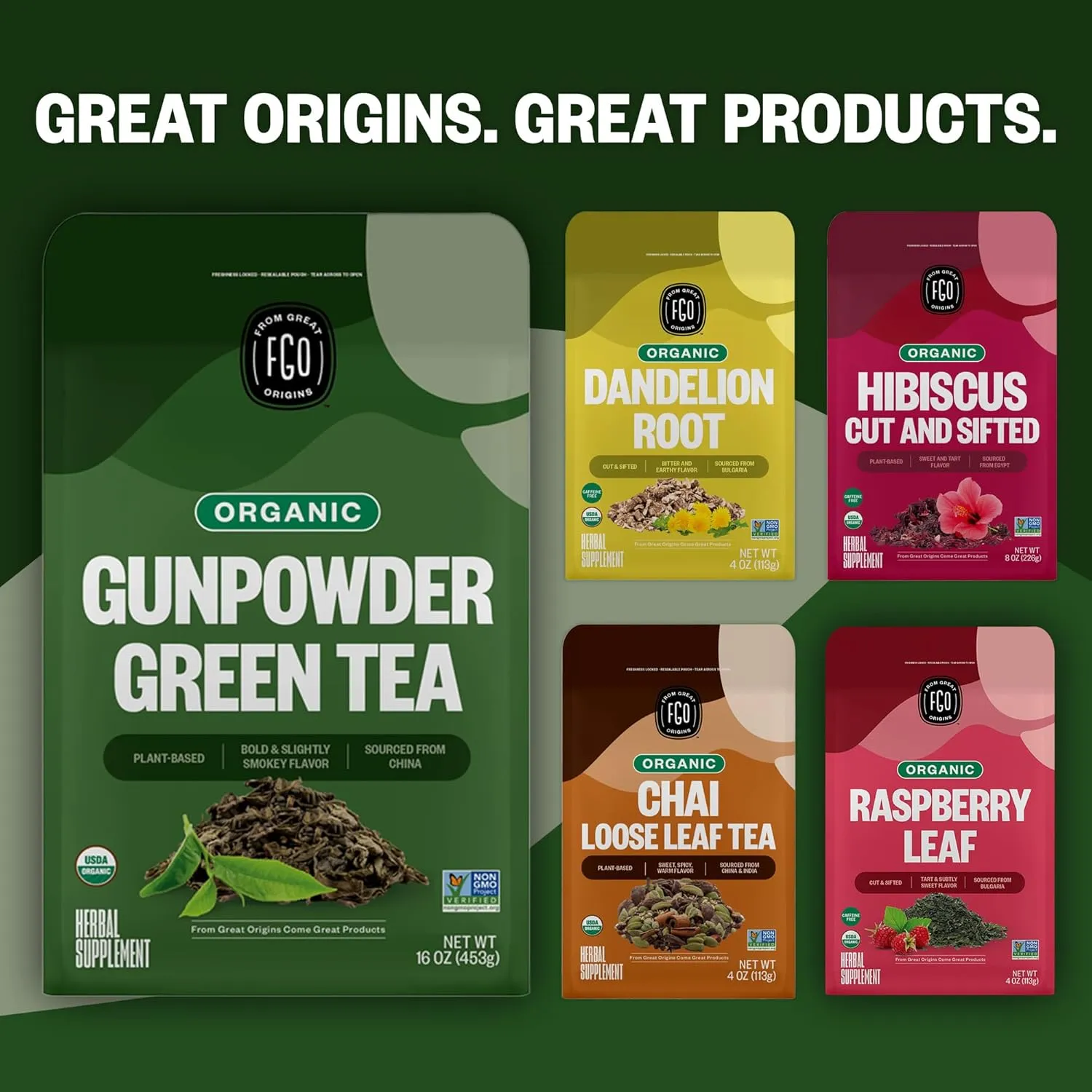FGO Organic Gunpowder Green Tea, Loose Leaf, 16oz Bulk Resealable Bag, Packaging May Vary (Pack of 1)