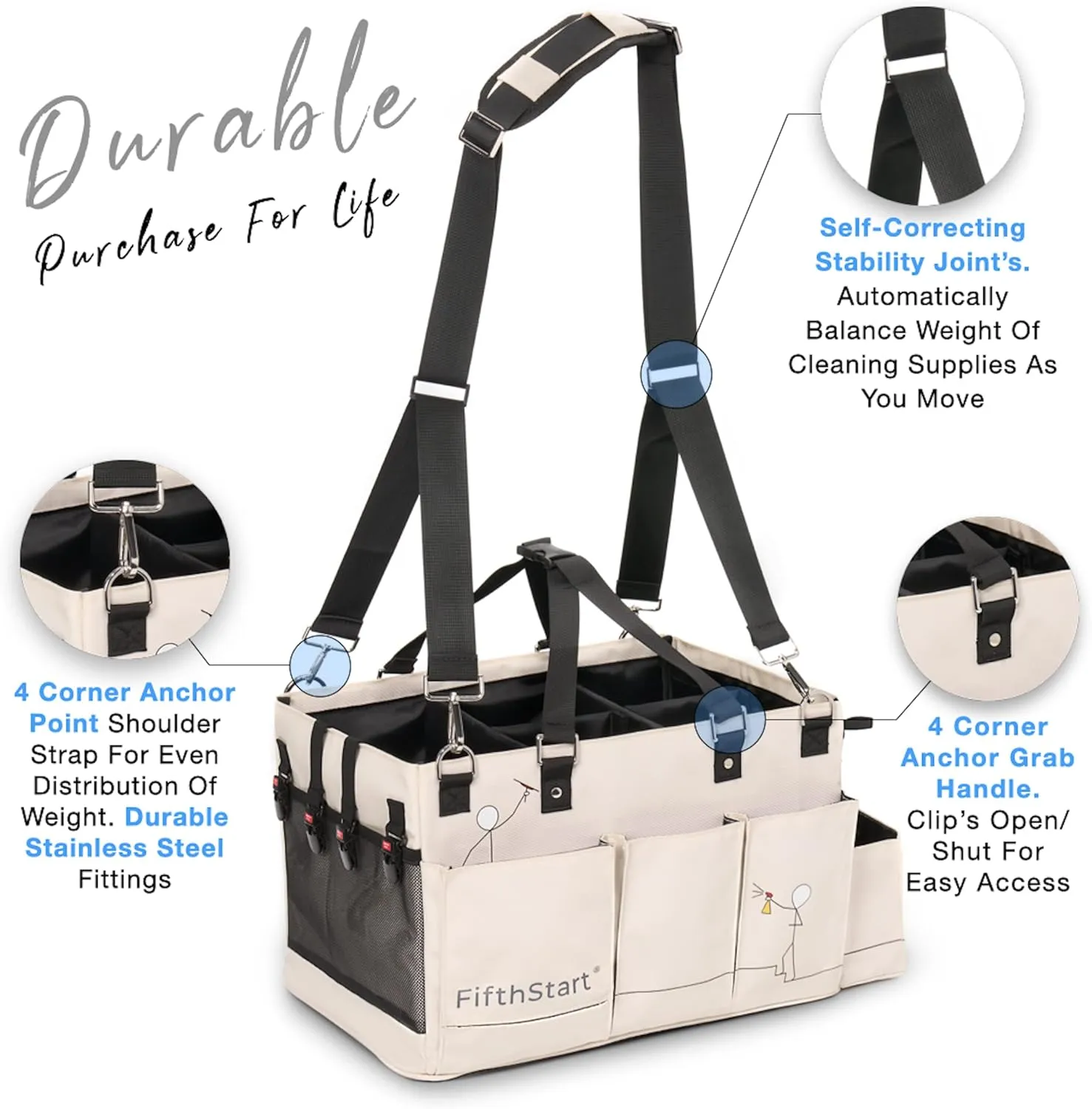 FifthStart Multiuse Cleaning Caddy with Waist & Shoulder Strap - Washable Diaper Caddy with Mesh Base, 9 Pockets, & Adjustable Compartments (Beige, X-Large)