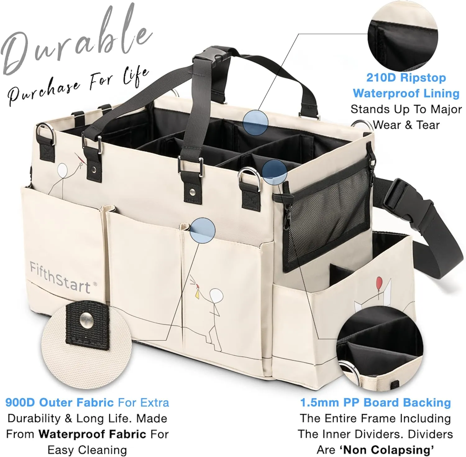 FifthStart Multiuse Cleaning Caddy with Waist & Shoulder Strap - Washable Diaper Caddy with Mesh Base, 9 Pockets, & Adjustable Compartments (Beige, X-Large)