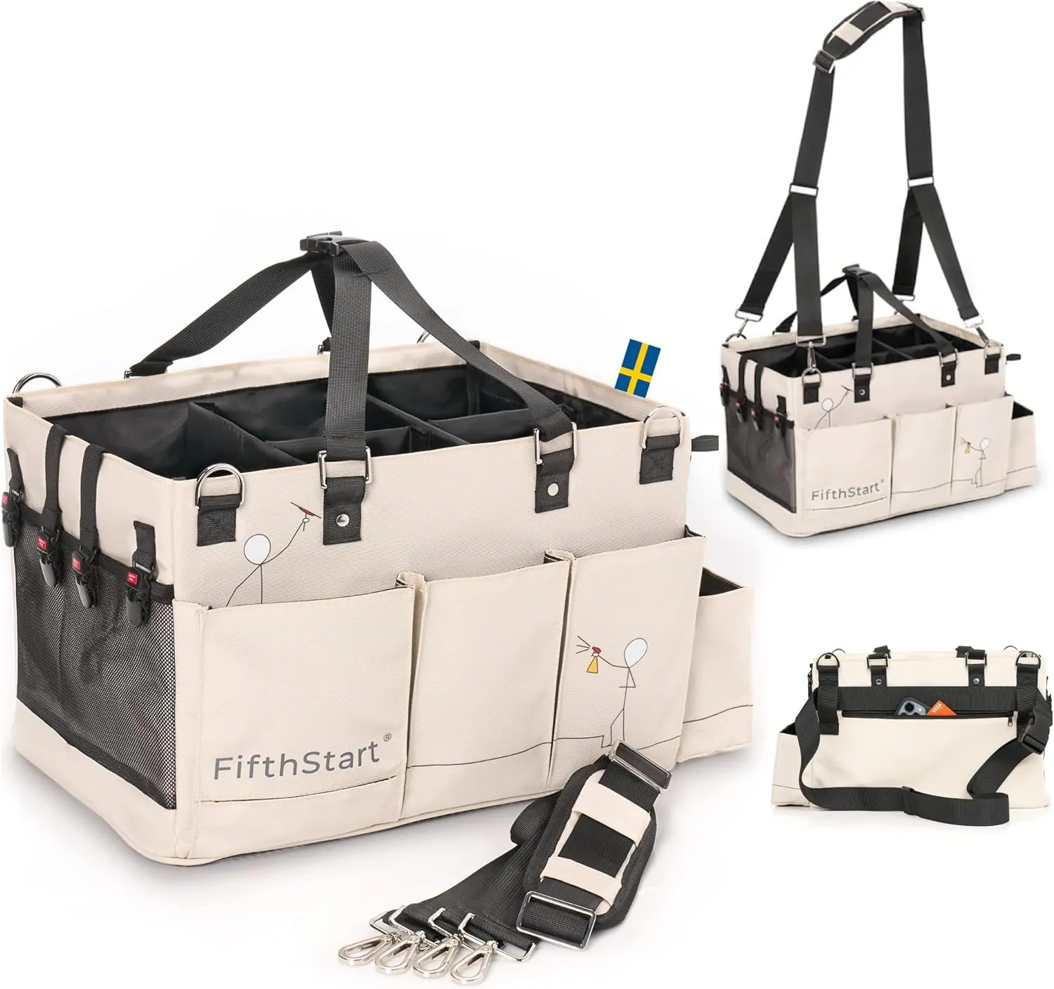 FifthStart Multiuse Cleaning Caddy with Waist & Shoulder Strap - Washable Diaper Caddy with Mesh Base, 9 Pockets, & Adjustable Compartments (Beige, X-Large)