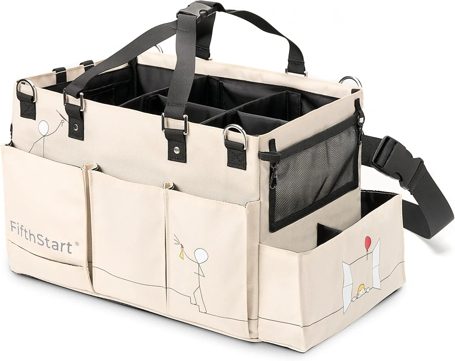 FifthStart Multiuse Cleaning Caddy with Waist & Shoulder Strap - Washable Diaper Caddy with Mesh Base, 9 Pockets, & Adjustable Compartments (Beige, X-Large)
