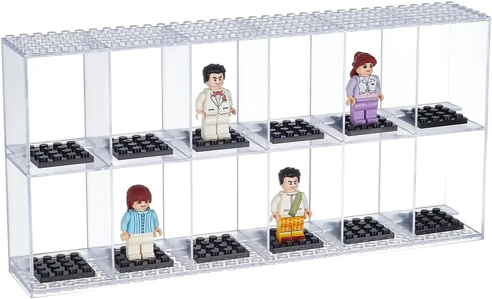 FINGERINSPIRE 2-Tier 12-Slots Minifigures Display Case Clear Acrylic Display Case with Black Base Mini Building Block Presentation Box Without Lids for Minifigures Action Figures Building Blocks