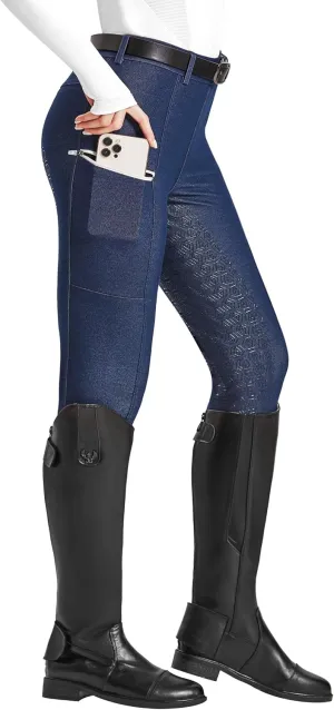 FitsT4 Sports Women's Denim Riding Breeches with Pockets Full Seat Horseback Riding Pants Equestrian Breeches for Women