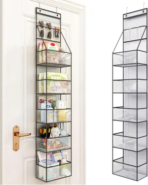 Fixwal 6-Shelf Over The Door Hanging Pantry Organizer Hanging Storage with Clear Plastic Pockets Behind The Door Storage Organizer with 3 Small PVC Pockets for Closet Bedroom Bathroom (Grey)