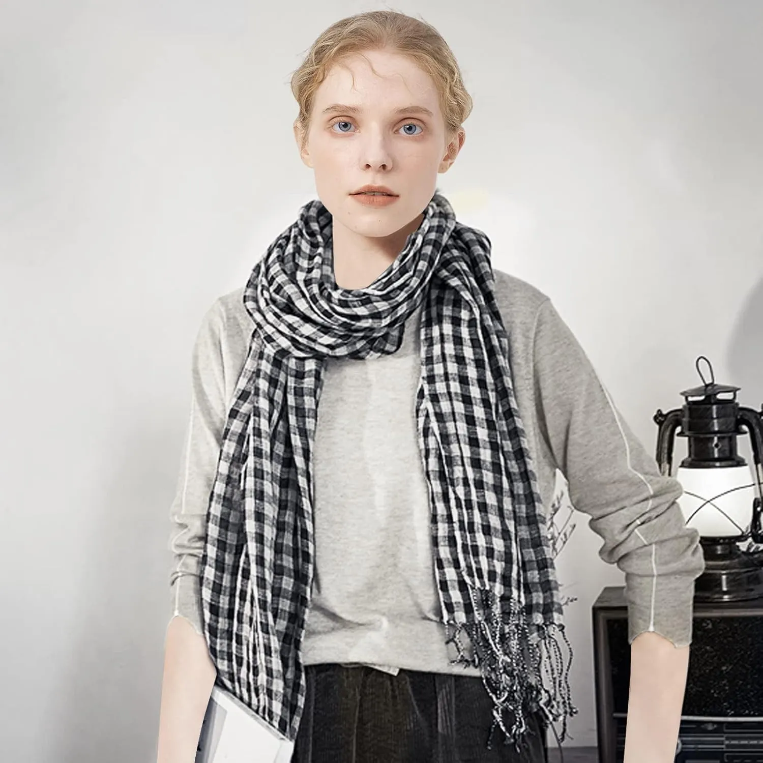 Flax Linen Scarf For Women Men Plaid Striped Print Lightweight Breathable Scarves Warm Stole Wrap Sunscreen Shawl