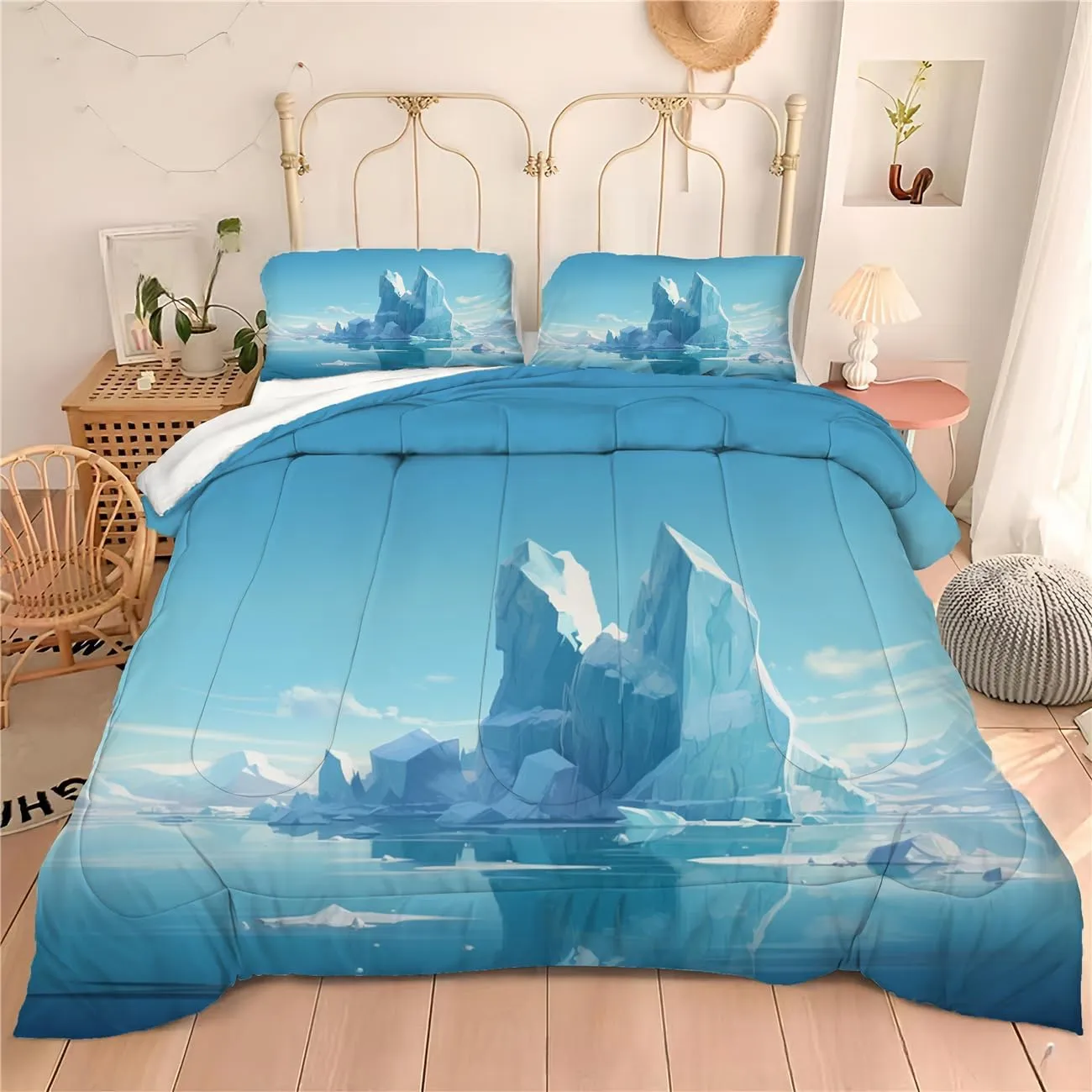 Floating Ice Comforter King Size, Antarctic Arctic Glacial Melting Comforter Set for Kids Teens Boys, Natural Scenery Bedding Quilt with 2 Pillowcases