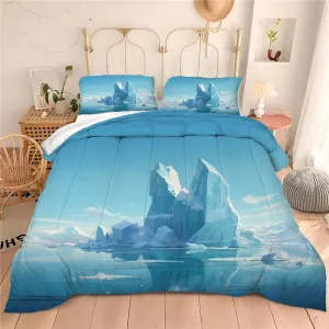 Floating Ice Comforter King Size, Antarctic Arctic Glacial Melting Comforter Set for Kids Teens Boys, Natural Scenery Bedding Quilt with 2 Pillowcases