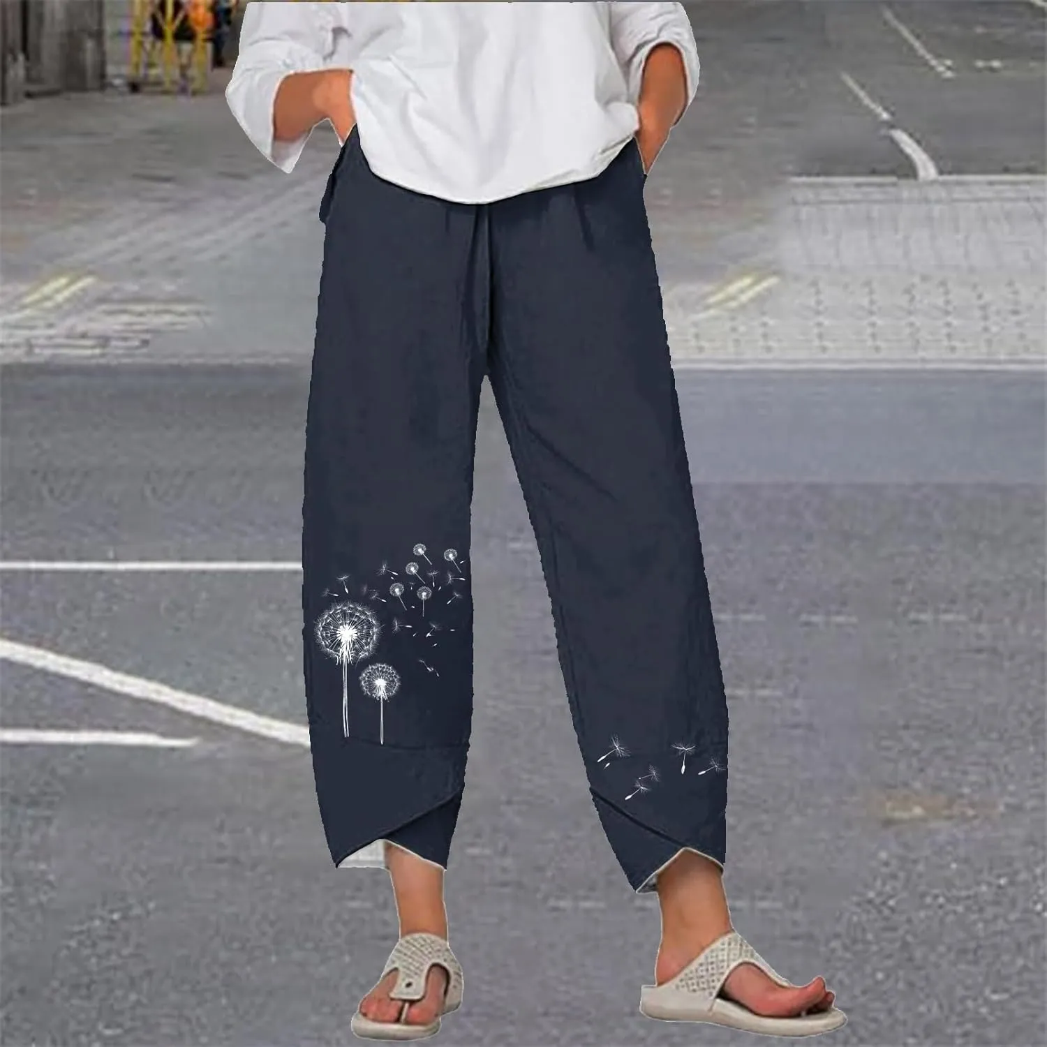 Flowy Capri Pants for Women Casual Summer Wide Leg Cropped Baggy Trousers with Pockets Palazzo Lounge Pants