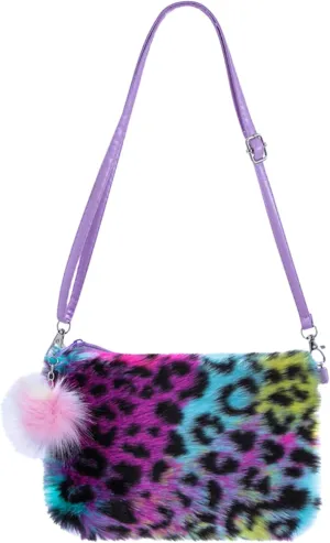 Fluffy Faux Fur Crossbody Purse for Kids Girls Women Tie Dye Rainbow Shoulder Bag Handbag Wallet
