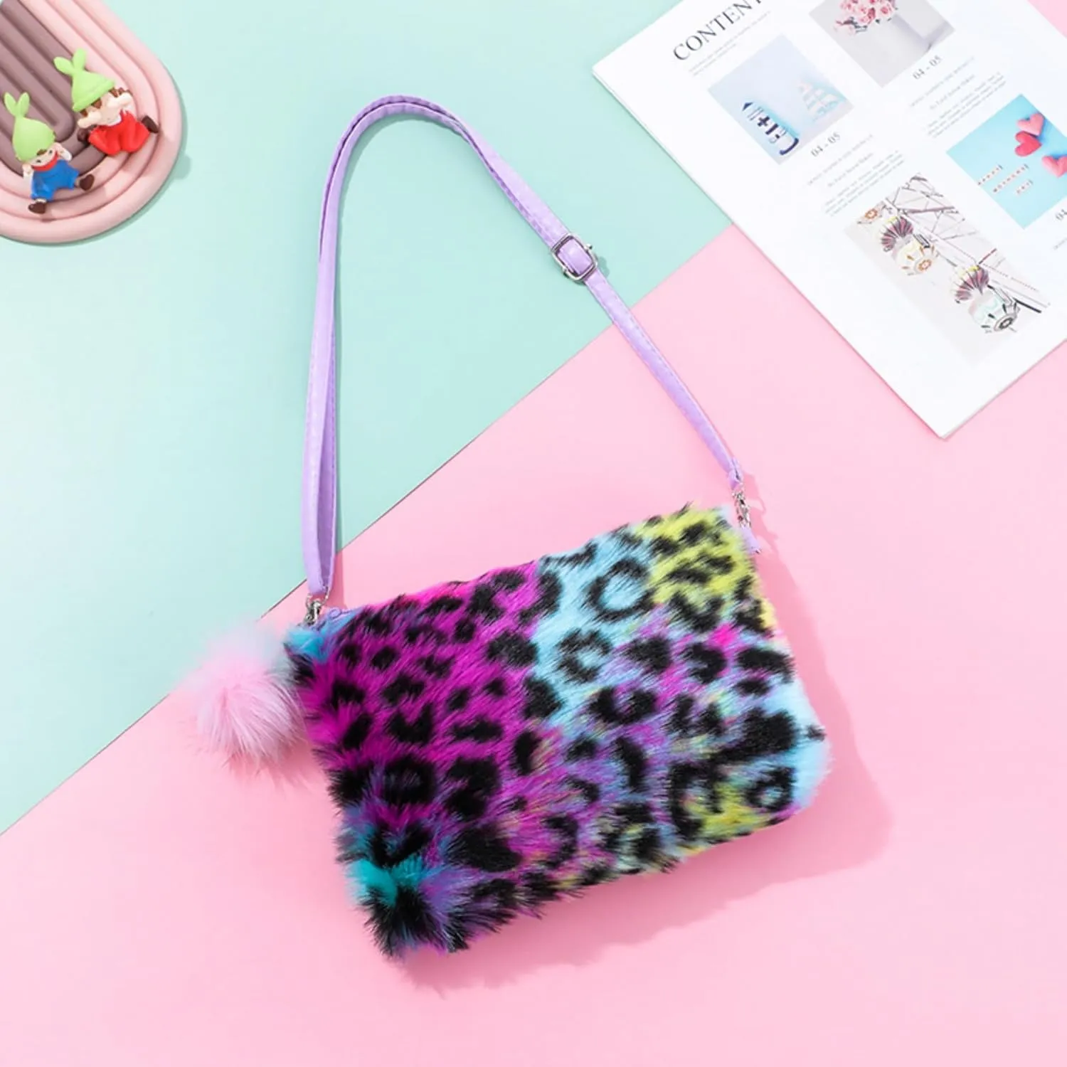 Fluffy Faux Fur Crossbody Purse for Kids Girls Women Tie Dye Rainbow Shoulder Bag Handbag Wallet