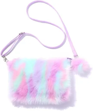 Fluffy Faux Fur Crossbody Purse for Kids Girls Women Tie Dye Rainbow Shoulder Bag Handbag Wallet