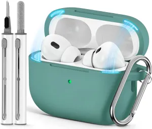 for AirPod Pro Case Cover with Cleaner Kit,Soft Silicone Protective Case for Apple AirPods Pro 2nd/1st Generation for Women Men,AirPod Pro Case with Magnetic Lid Lock & Keychain-Solid Green