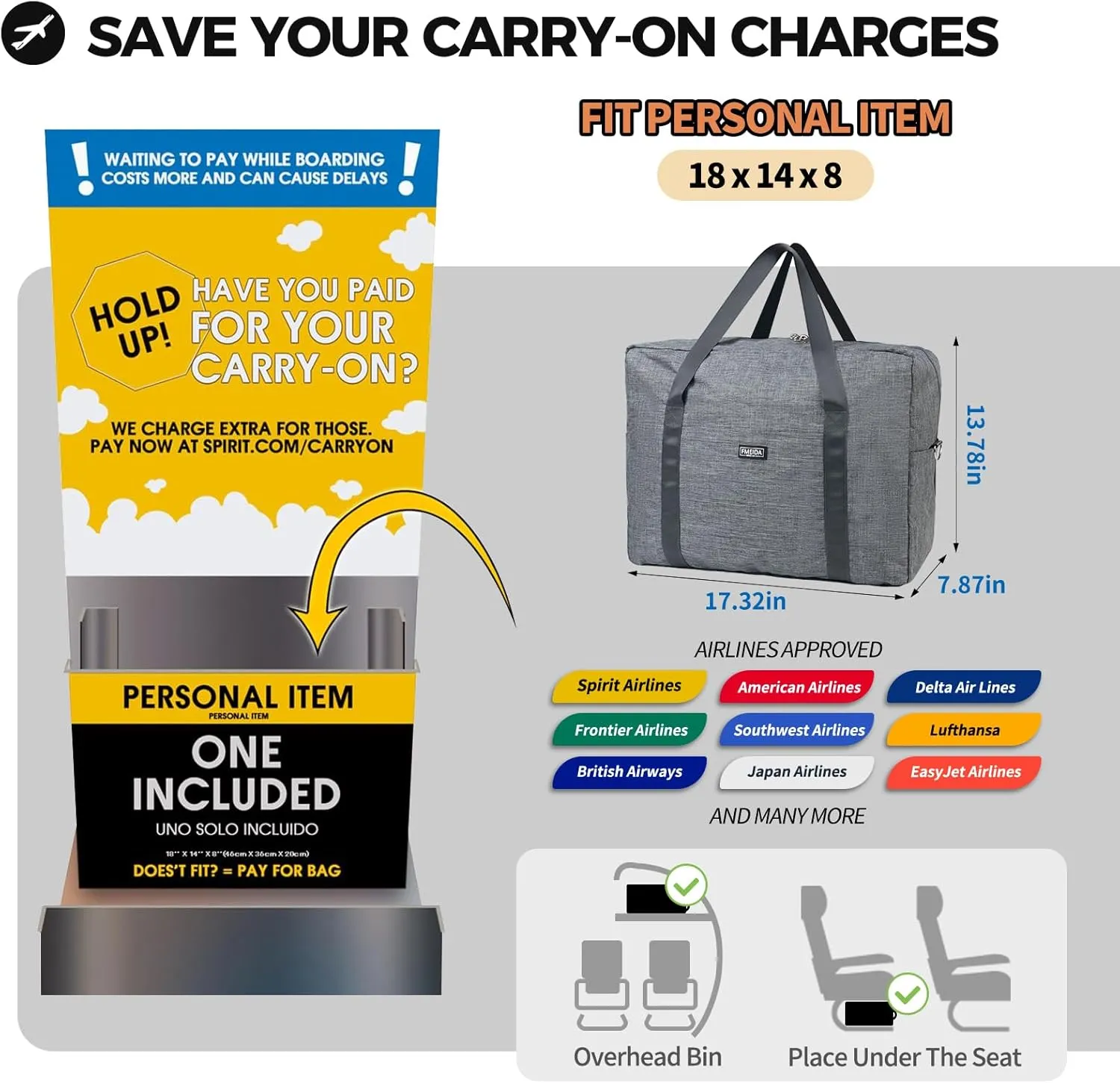 For Frontier Airlines Personal Item Bag 18x14x8 Underseat Travel Duffel Bag Carry on Luggage for Women and Men 30L (With Shoulder Strap)