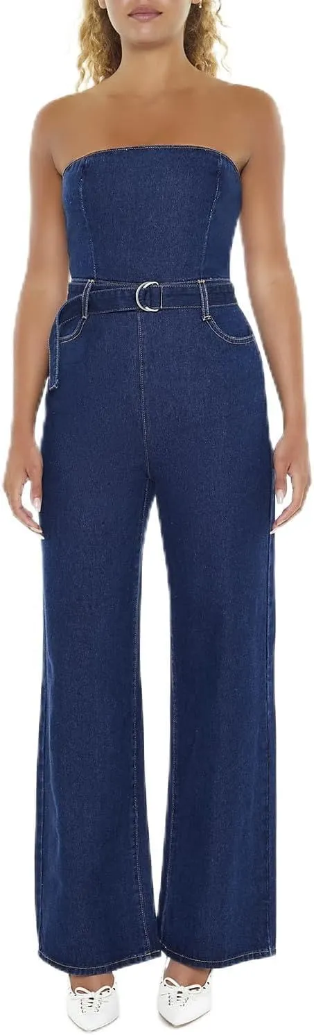 Forever 21 Women's Belted Strapless Denim Jumpsuit