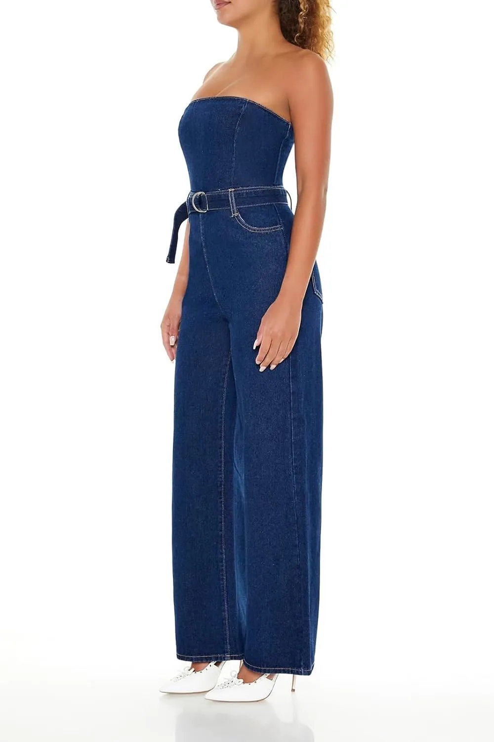 Forever 21 Women's Belted Strapless Denim Jumpsuit