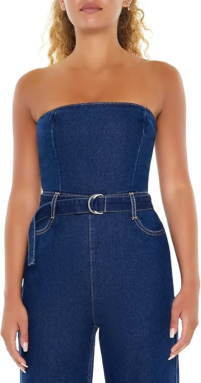 Forever 21 Women's Belted Strapless Denim Jumpsuit
