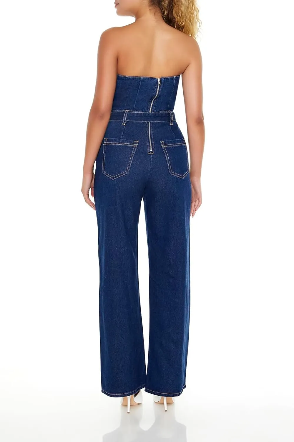 Forever 21 Women's Belted Strapless Denim Jumpsuit