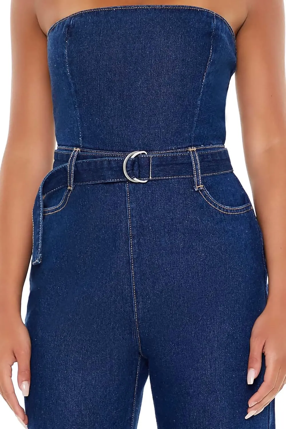 Forever 21 Women's Belted Strapless Denim Jumpsuit
