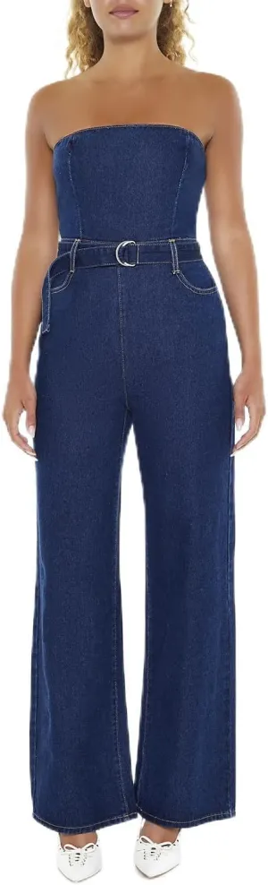 Forever 21 Women's Belted Strapless Denim Jumpsuit