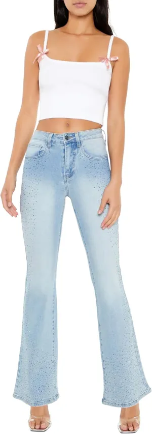 Forever 21 Women's Rhinestone High-Rise Flare Jeans