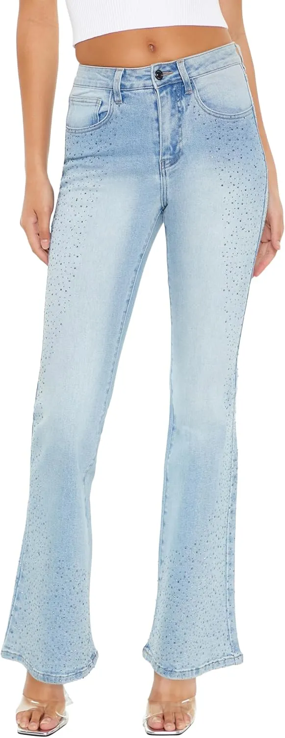 Forever 21 Women's Rhinestone High-Rise Flare Jeans