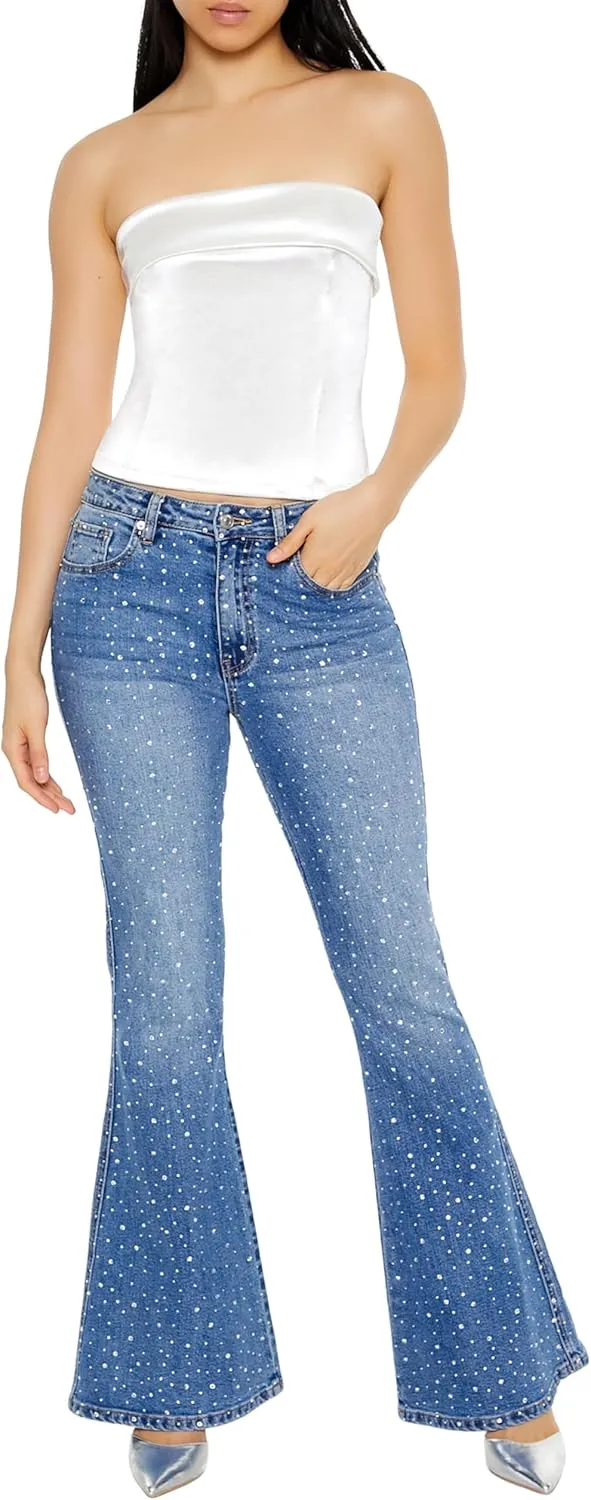 Forever 21 Women's Rhinestone High-Rise Flare Jeans