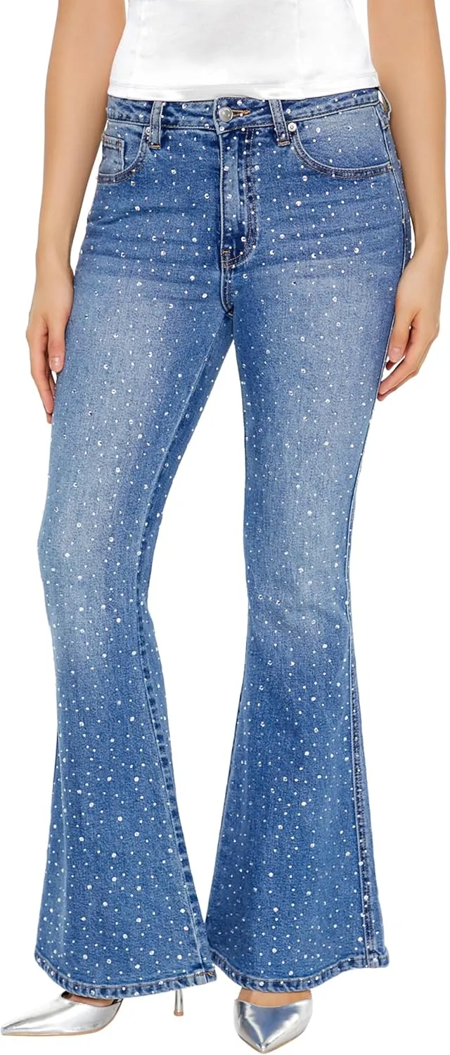 Forever 21 Women's Rhinestone High-Rise Flare Jeans