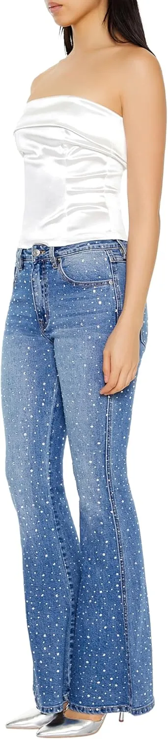 Forever 21 Women's Rhinestone High-Rise Flare Jeans