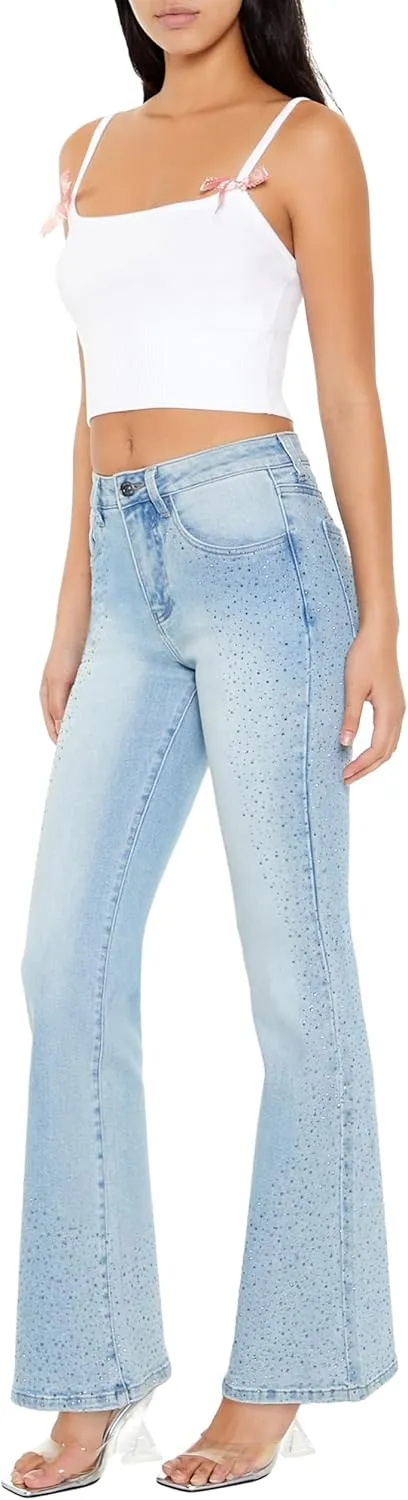 Forever 21 Women's Rhinestone High-Rise Flare Jeans