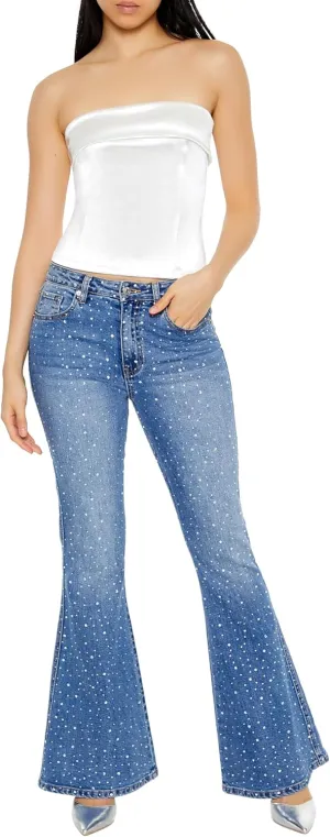 Forever 21 Women's Rhinestone High-Rise Flare Jeans