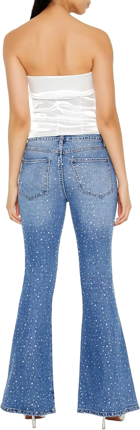 Forever 21 Women's Rhinestone High-Rise Flare Jeans