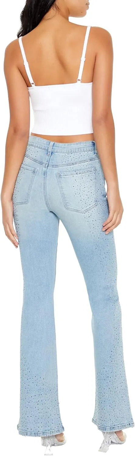 Forever 21 Women's Rhinestone High-Rise Flare Jeans