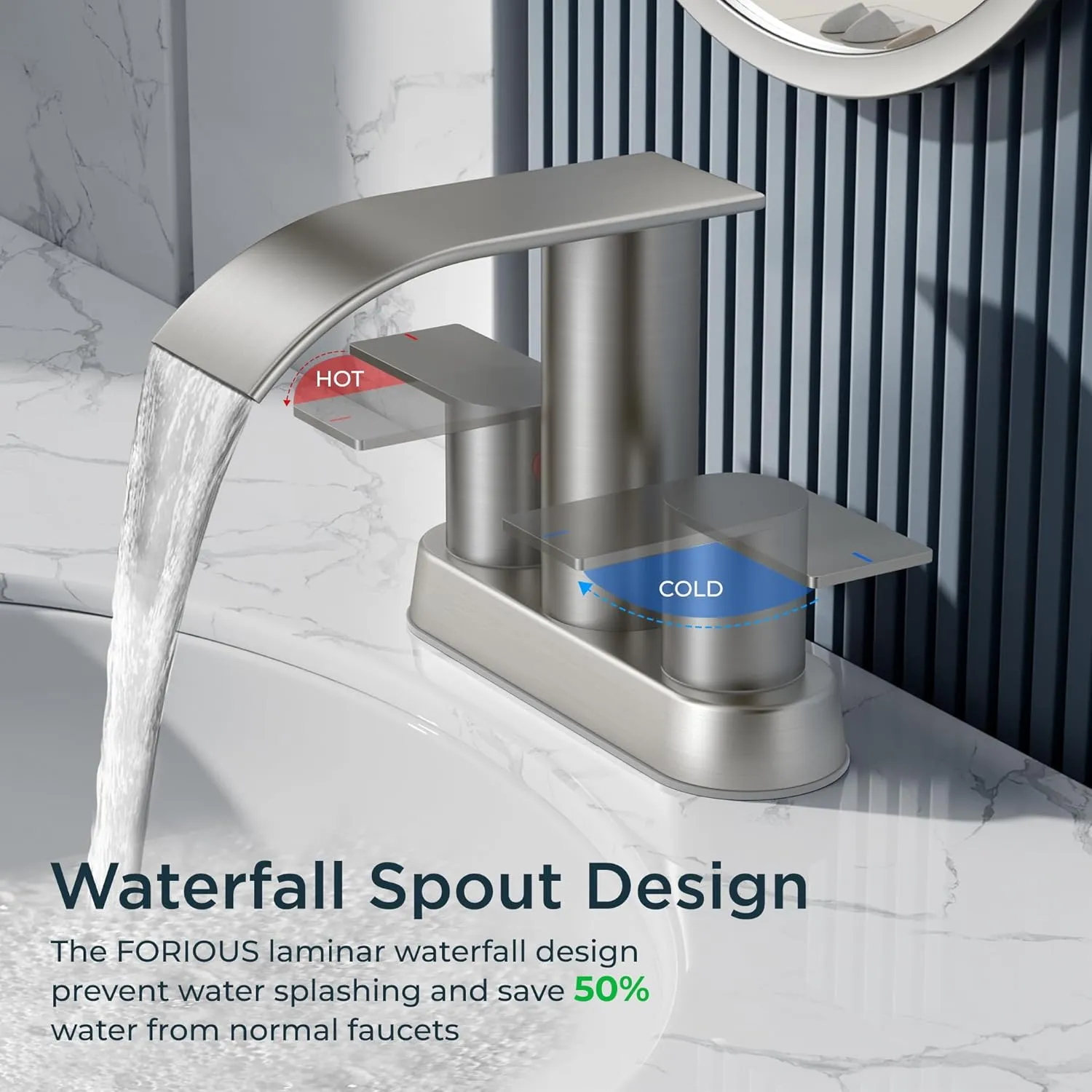 FORIOUS Brushed Nickel Bathroom Sink Faucet, Waterfall 4 Inch Centerset Bathroom Faucets with Metal Pop up Drain and cUPC Hose for Basin,Vanity, Rv, Lavatory 2 or 3 Hole Sink