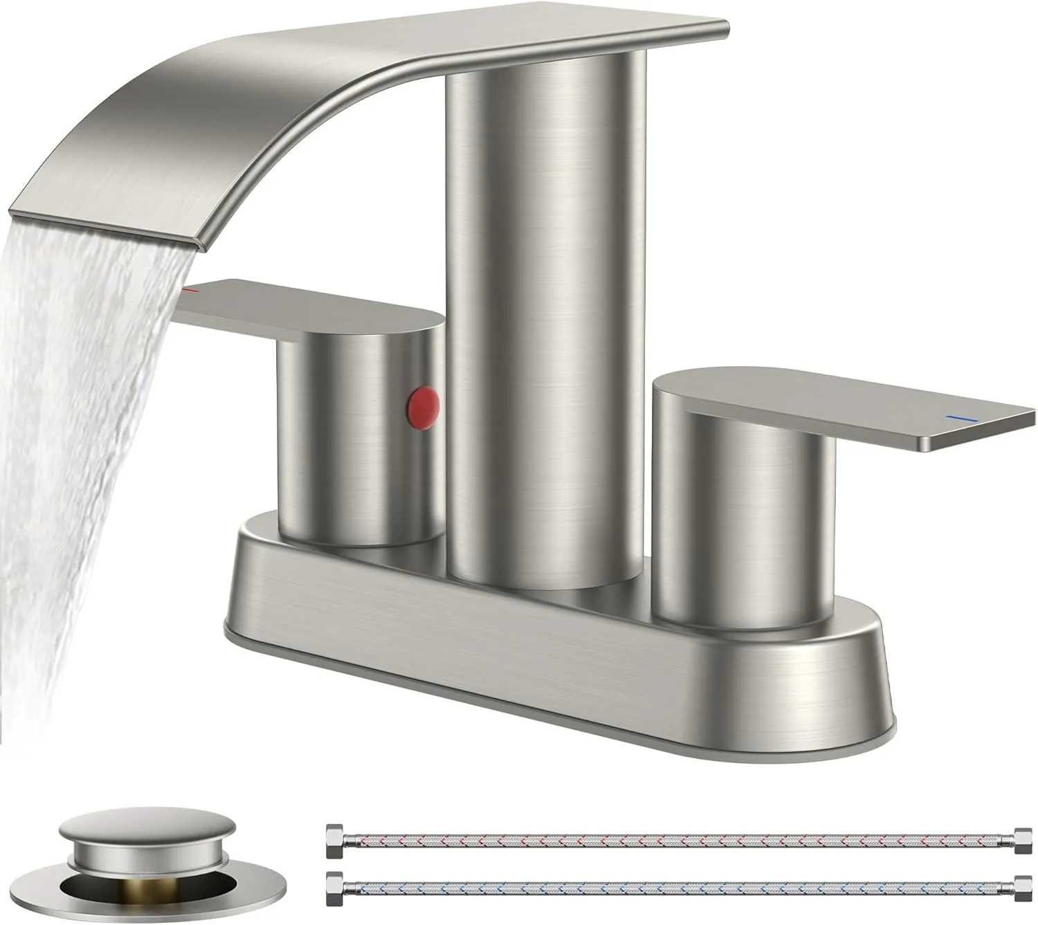 FORIOUS Brushed Nickel Bathroom Sink Faucet, Waterfall 4 Inch Centerset Bathroom Faucets with Metal Pop up Drain and cUPC Hose for Basin,Vanity, Rv, Lavatory 2 or 3 Hole Sink