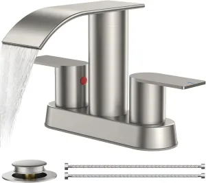 FORIOUS Brushed Nickel Bathroom Sink Faucet, Waterfall 4 Inch Centerset Bathroom Faucets with Metal Pop up Drain and cUPC Hose for Basin,Vanity, Rv, Lavatory 2 or 3 Hole Sink