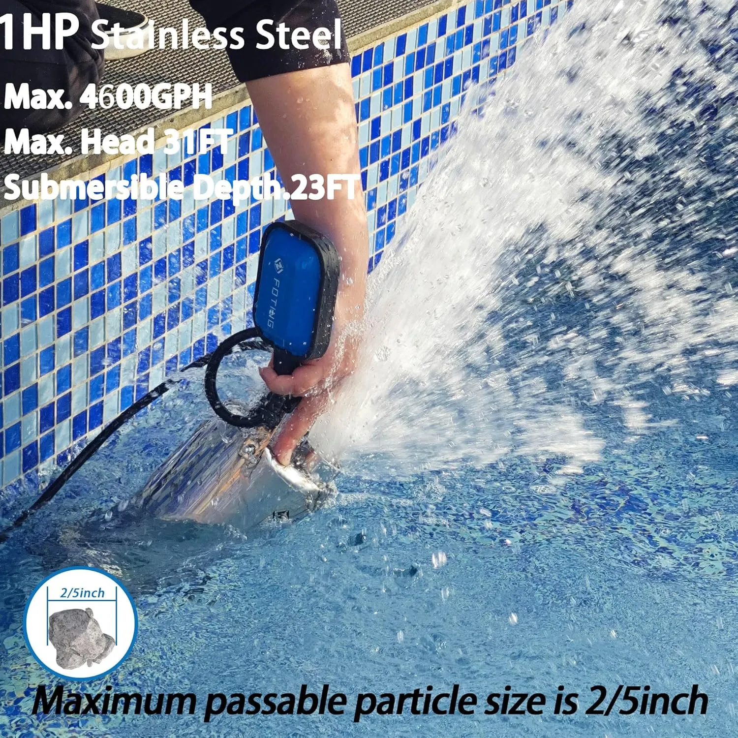 FOTING Full 304 Stainless Steel Sump Pump with Float Switch - 1HP 4600GPH Automatic Submersible Water Pump Fast Water Removal in Pools, Basements, Sewage, Hot Tubs Heater Flush Pit, ponds w/ 16FT Cord