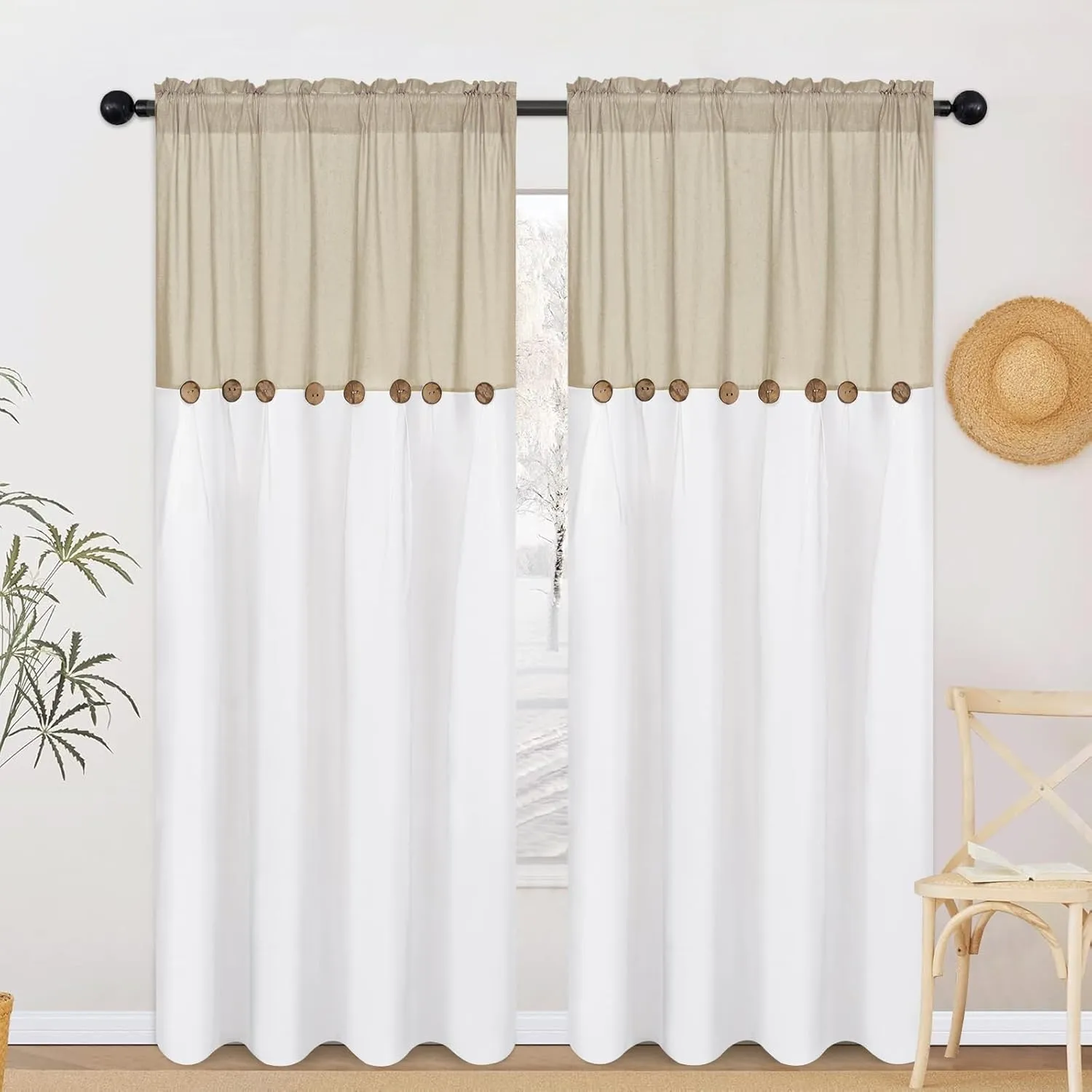 FRAMICS Farmhouse Cotton Linen Curtains for Living Room, Boho Button Curtains 84 Inch Length 2 Panels, Rustic Country Linen Window Curtain for Bedroom Rod Pocket Drapes, 52 x 84 Inch, Linen and White