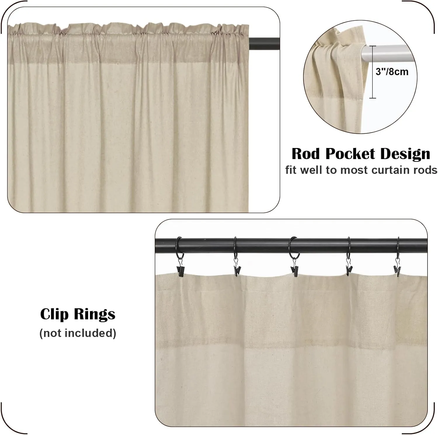 FRAMICS Farmhouse Cotton Linen Curtains for Living Room, Boho Button Curtains 84 Inch Length 2 Panels, Rustic Country Linen Window Curtain for Bedroom Rod Pocket Drapes, 52 x 84 Inch, Linen and White
