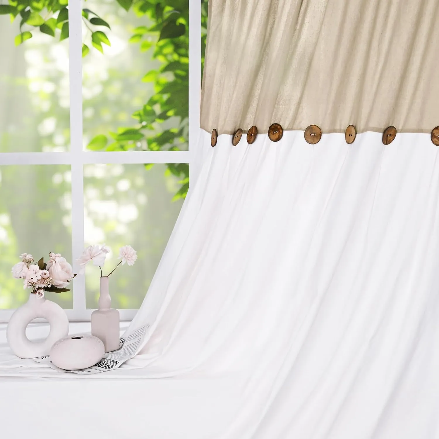 FRAMICS Farmhouse Cotton Linen Curtains for Living Room, Boho Button Curtains 84 Inch Length 2 Panels, Rustic Country Linen Window Curtain for Bedroom Rod Pocket Drapes, 52 x 84 Inch, Linen and White