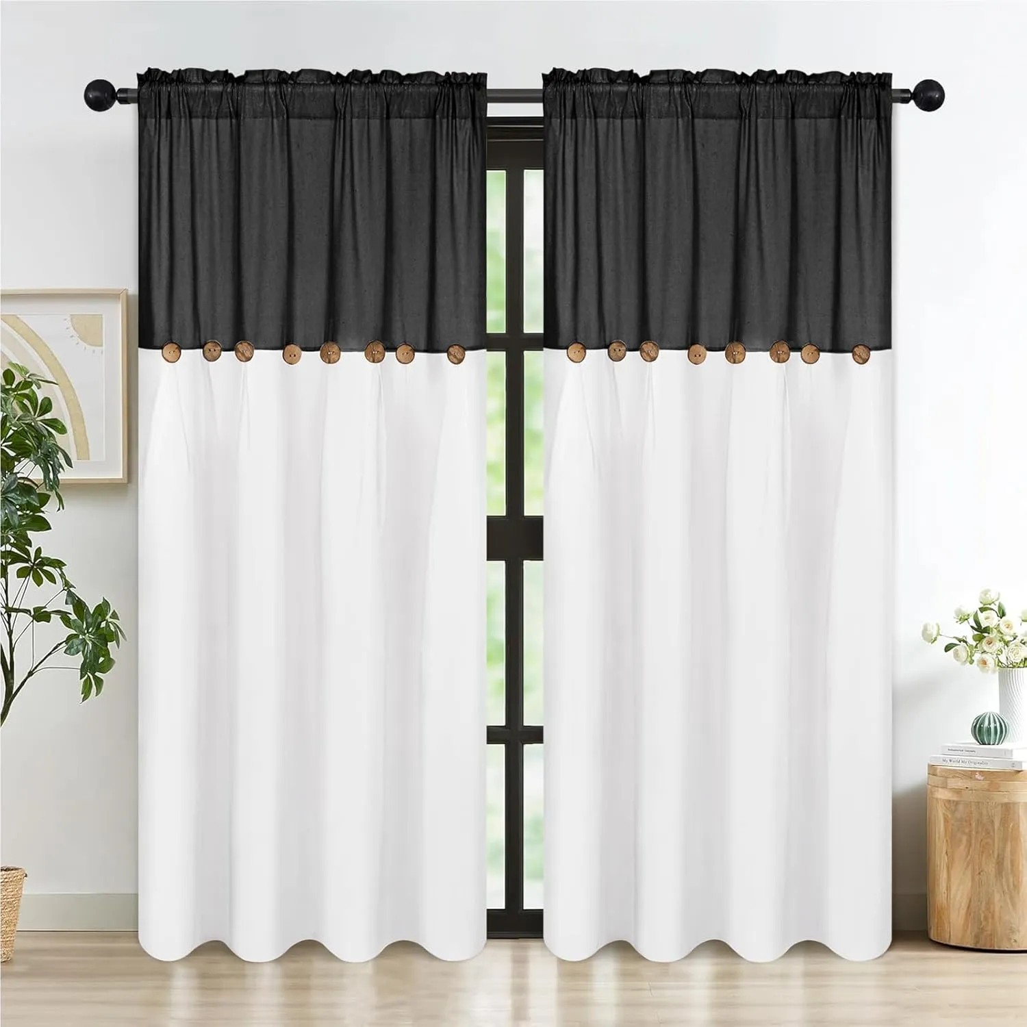 FRAMICS Farmhouse Cotton Linen Curtains for Living Room, Boho Button Curtains 84 Inch Length 2 Panels Set, Black Rustic Country Linen Window Curtains for Bedroom Rod Pocket Drapes, 52 x 84 Inch, Black