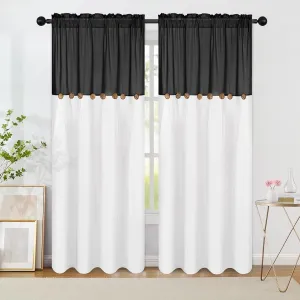 FRAMICS Farmhouse Cotton Linen Curtains for Living Room, Boho Button Curtains 84 Inch Length 2 Panels Set, Black Rustic Country Linen Window Curtains for Bedroom Rod Pocket Drapes, 52 x 84 Inch, Black
