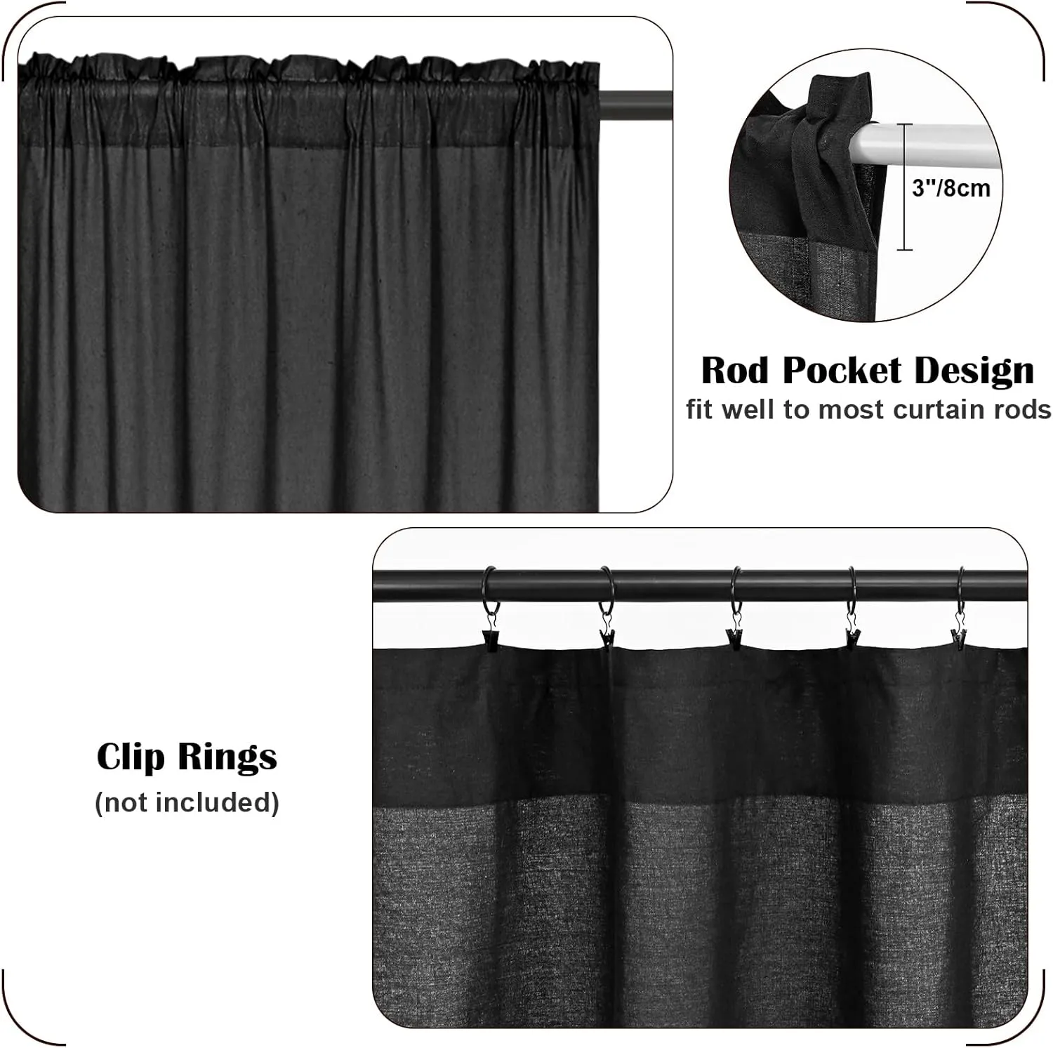 FRAMICS Farmhouse Cotton Linen Curtains for Living Room, Boho Button Curtains 84 Inch Length 2 Panels Set, Black Rustic Country Linen Window Curtains for Bedroom Rod Pocket Drapes, 52 x 84 Inch, Black