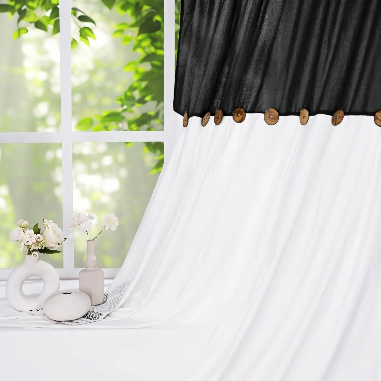 FRAMICS Farmhouse Cotton Linen Curtains for Living Room, Boho Button Curtains 84 Inch Length 2 Panels Set, Black Rustic Country Linen Window Curtains for Bedroom Rod Pocket Drapes, 52 x 84 Inch, Black