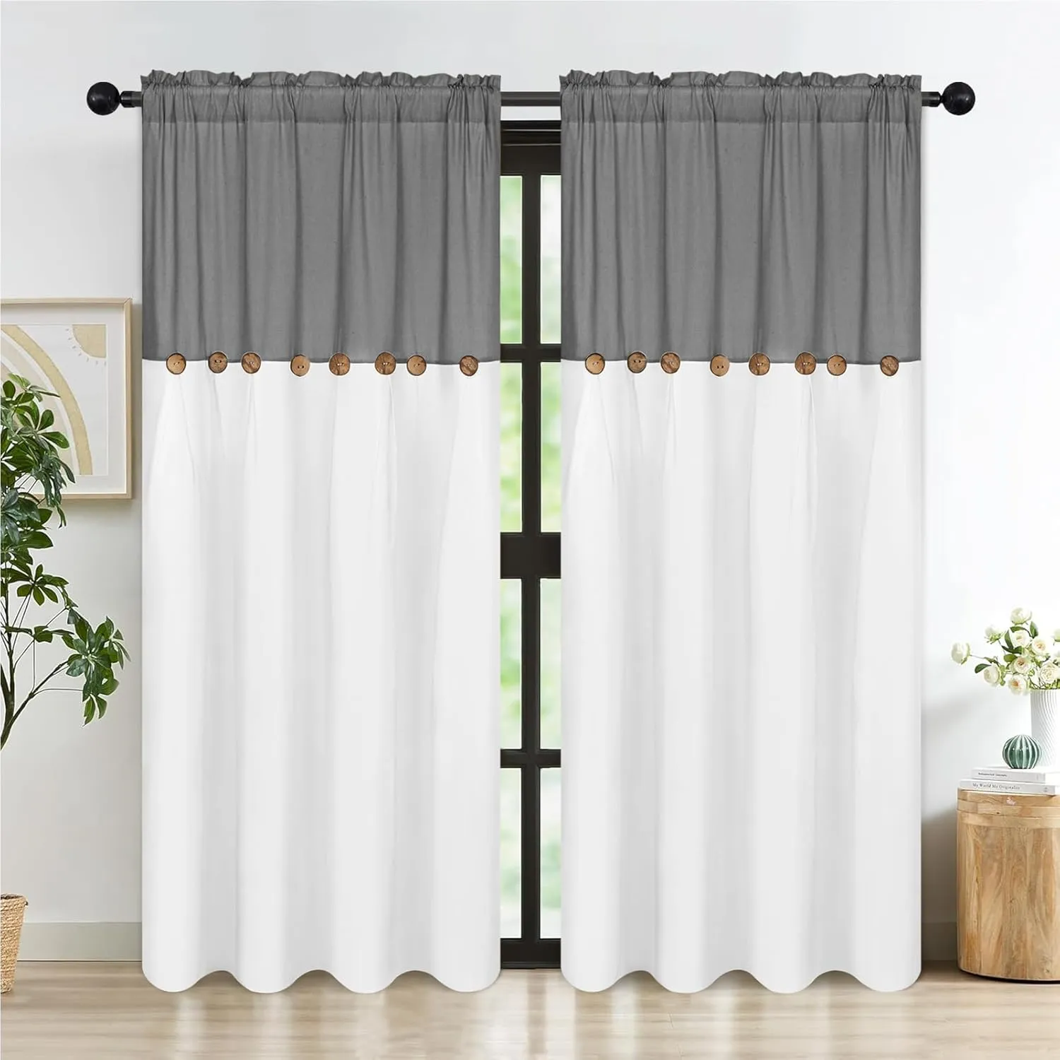 FRAMICS Farmhouse Cotton Linen Curtains for Living Room, Boho Button Curtains 84 Inch Length 2 Panels Set, Grey Rustic Country Linen Window Curtains for Bedroom Rod Pocket Drapes, 52 x 84 Inch, Grey