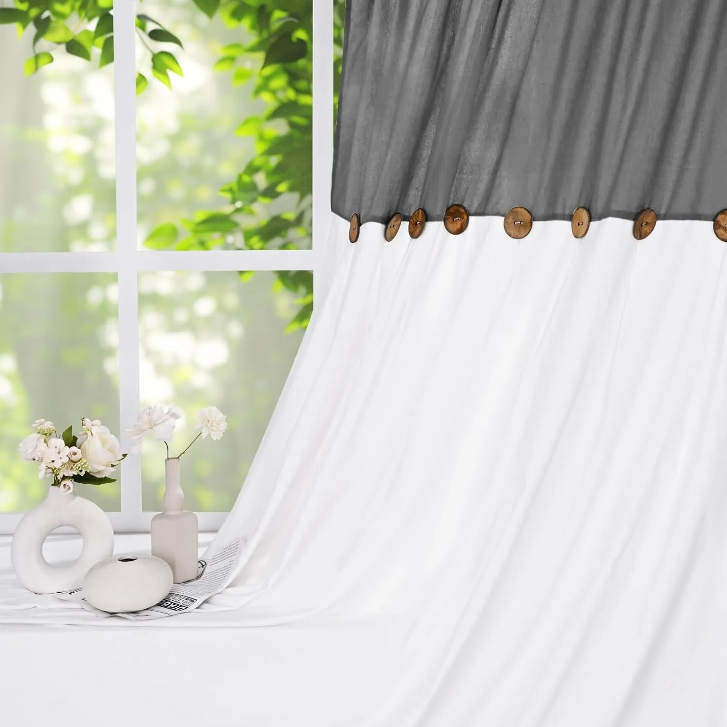 FRAMICS Farmhouse Cotton Linen Curtains for Living Room, Boho Button Curtains 84 Inch Length 2 Panels Set, Grey Rustic Country Linen Window Curtains for Bedroom Rod Pocket Drapes, 52 x 84 Inch, Grey