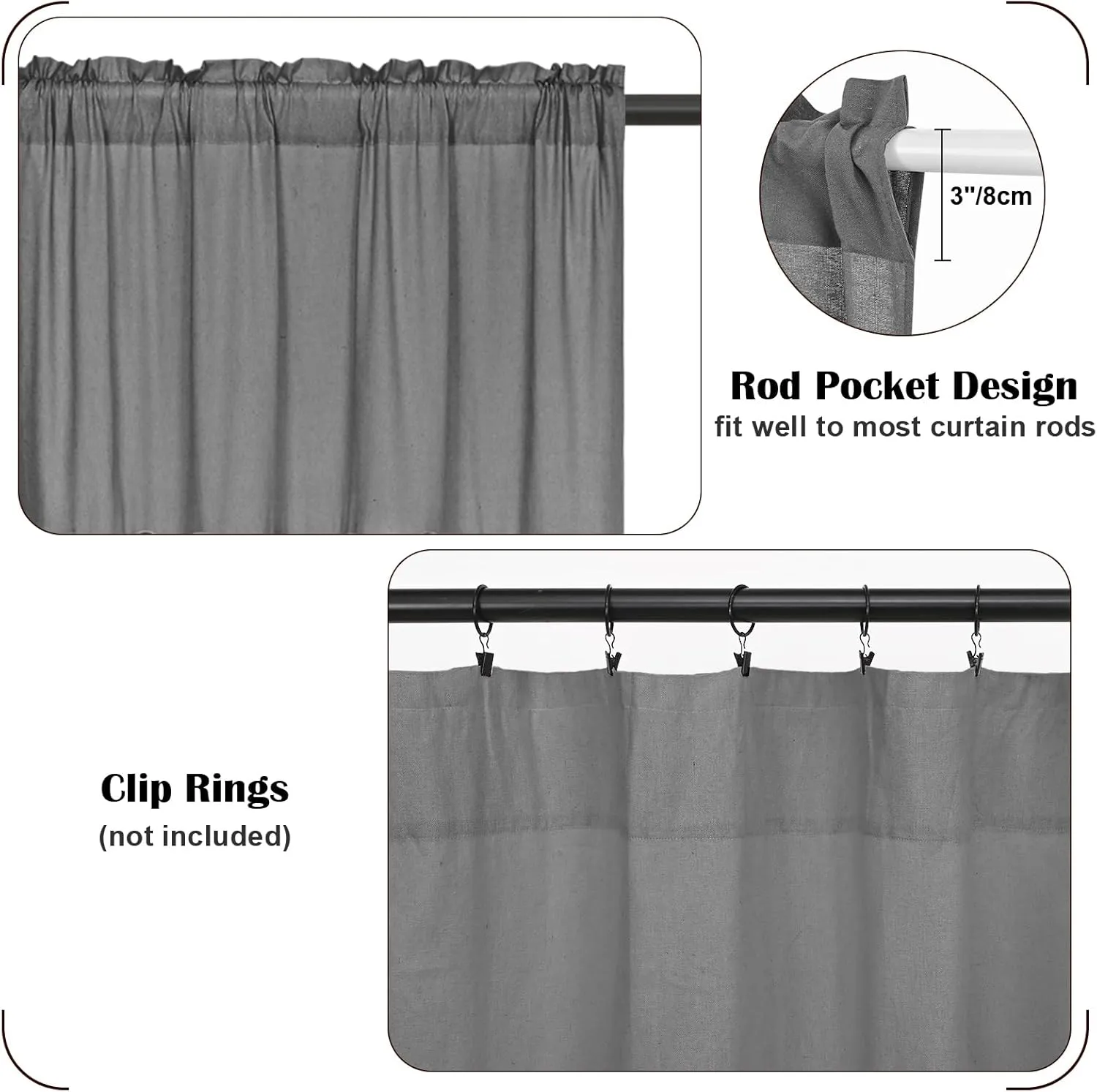 FRAMICS Farmhouse Cotton Linen Curtains for Living Room, Boho Button Curtains 84 Inch Length 2 Panels Set, Grey Rustic Country Linen Window Curtains for Bedroom Rod Pocket Drapes, 52 x 84 Inch, Grey